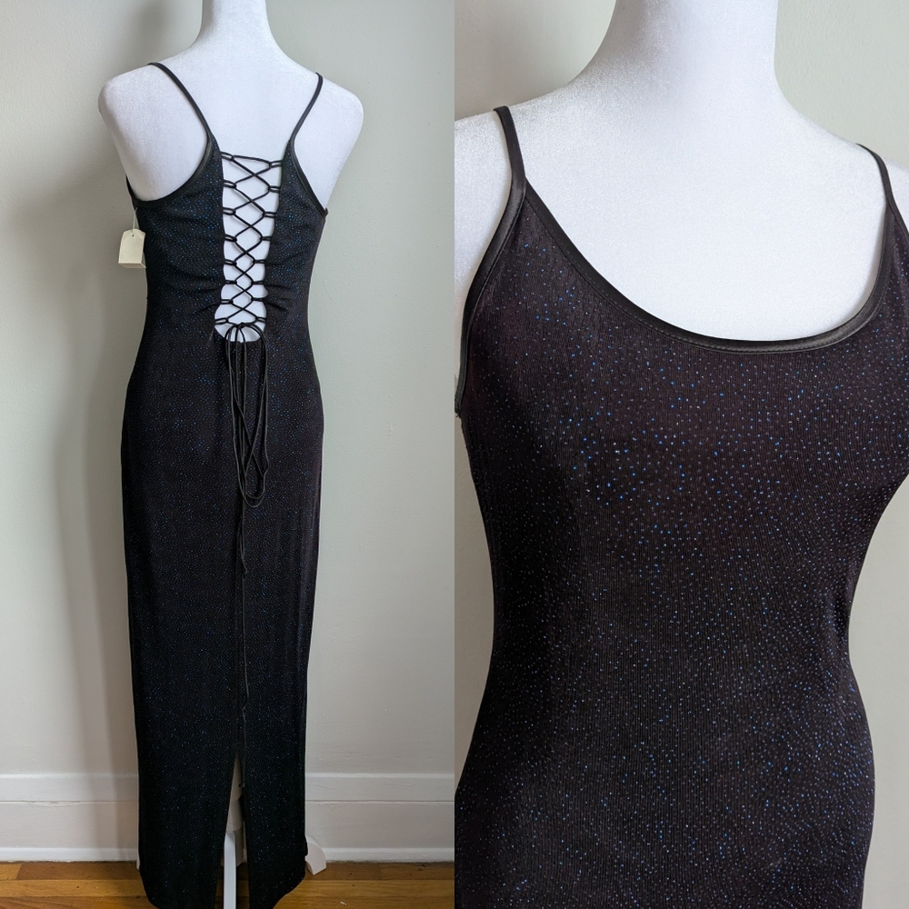 Deadstock 90s Gothic Galaxy Midnight Blue Bedazzled Maxi Dress W/ Lace up Back